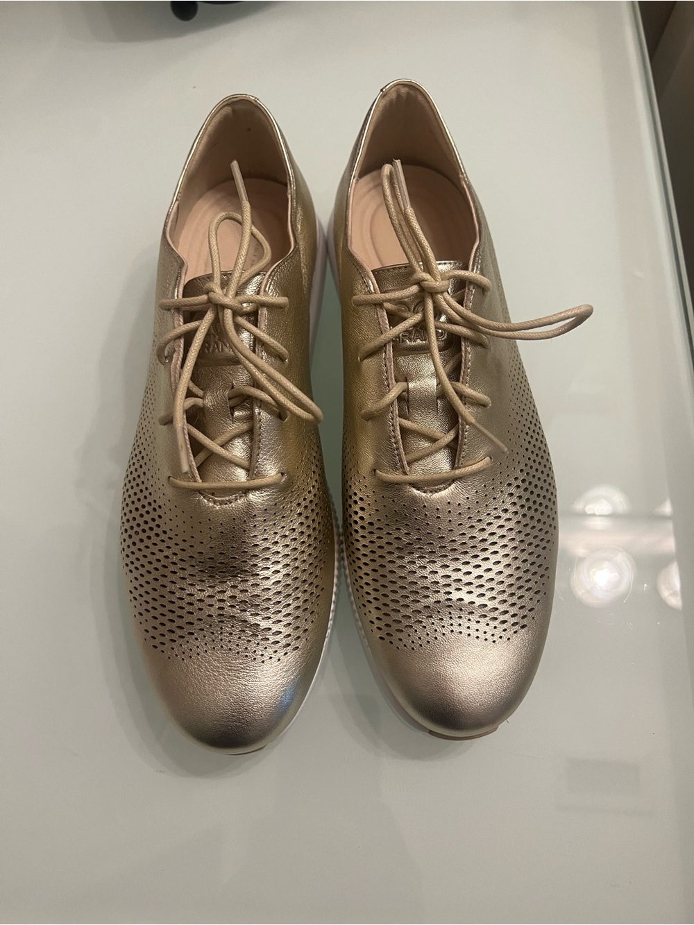 Cole Haan Metallic Gold Perforated Lace-Up Oxfords